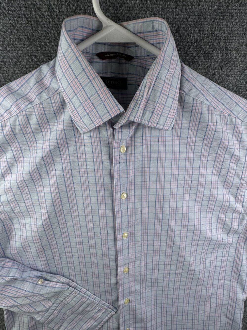 Eton Button Up Shirt Long Sleeve Men Cotton Wrinkle Free Plaid Pink Blue 16